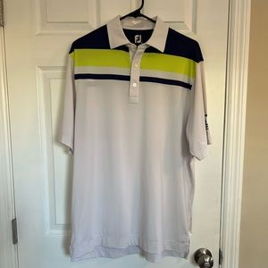 Men’s FootJoy golf shirt,blue, white and neon yellow, size medium